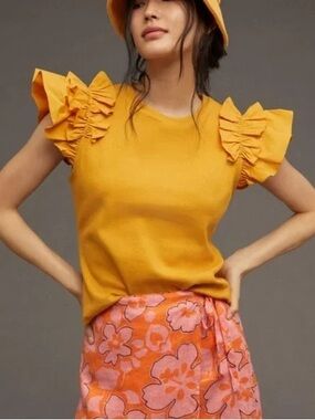 By Anthropologie Woven Ruffle Top Mustard Yellow Size Small
